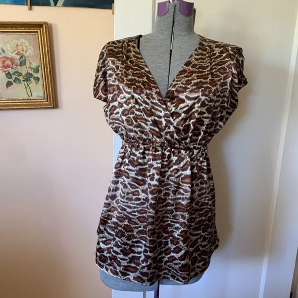 One West New York Silk Satin Leopard Animal Print‎ Surplice Top Brown Medium